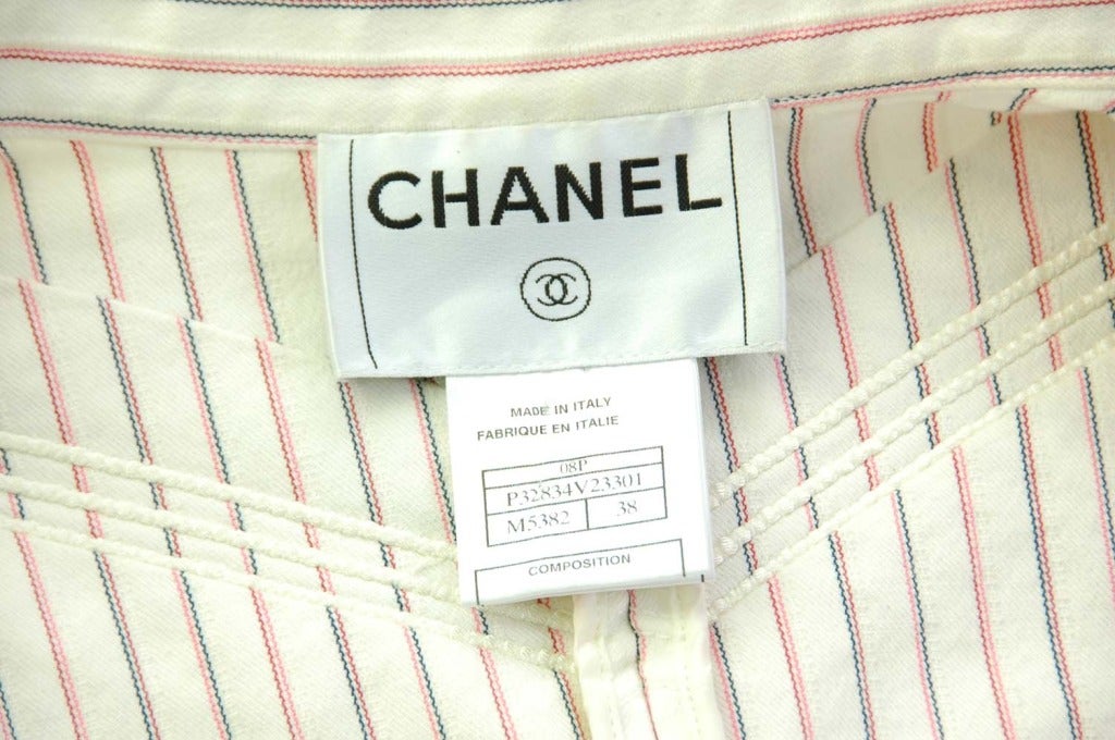 CHANEL White Cotton Pleated Jacket W/ Stripes Sz. 38 at 1stDibs