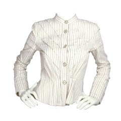 CHANEL White Cotton Pleated Jacket W/ Stripes Sz. 38