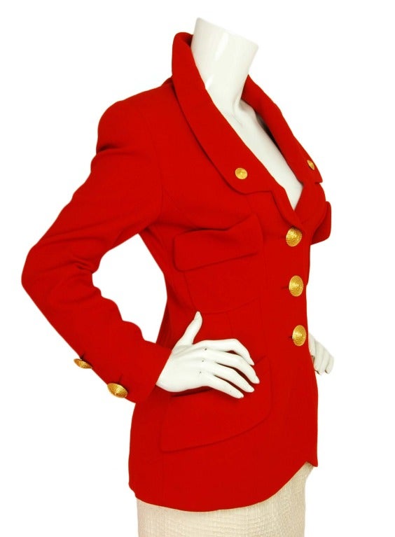 CHANEL Red Vintage Blazer W. Woven Gold Buttons Sz. 38 In Good Condition In New York, NY