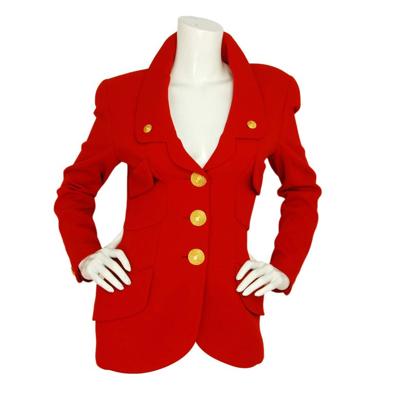 CHANEL Blazer rouge vintage W. boutons dorés tissés Taille 38