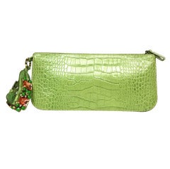 VALENTINO Green Embossed Crocodile Wristlet Clutch With Jewels