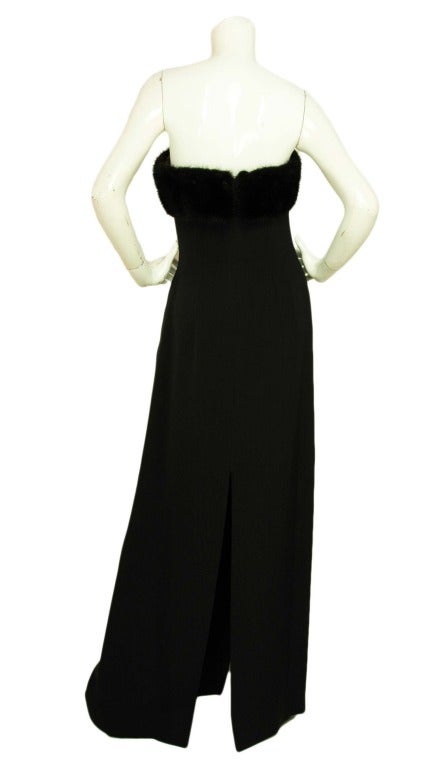 CELINE Black Silk Strapless Gown With Mink Trim-Sz. 6 In Excellent Condition In New York, NY