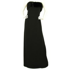 CELINE Black Silk Strapless Gown With Mink Trim-Sz. 6