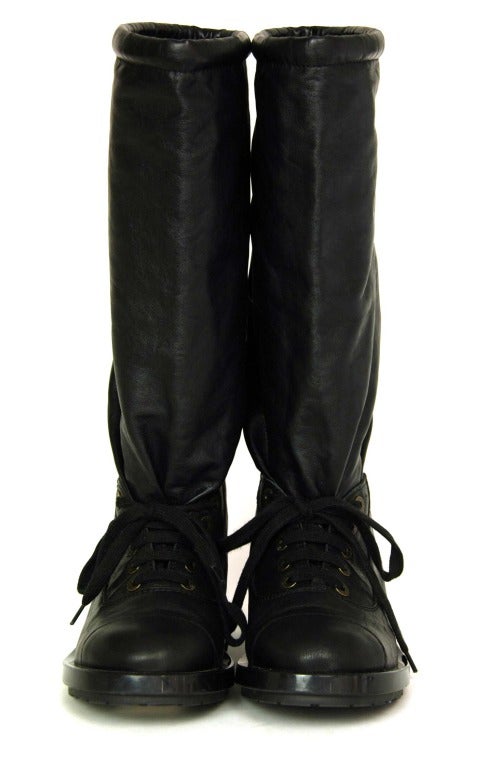 CHANEL Black Mid-Calf Lace-Up Combat Boots Sz. 38.5