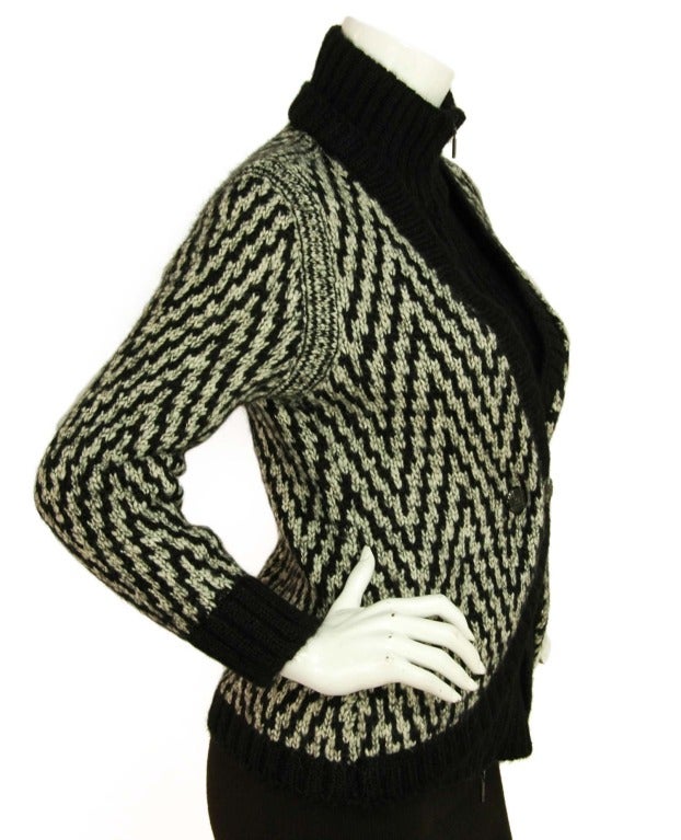 Chanel Black and White Knit Zip Front Sweater with Turtleneck Inset Sz 40