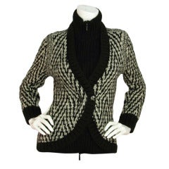 Chanel Black and White Knit Zip Front Sweater with Turtleneck Inset Sz 40