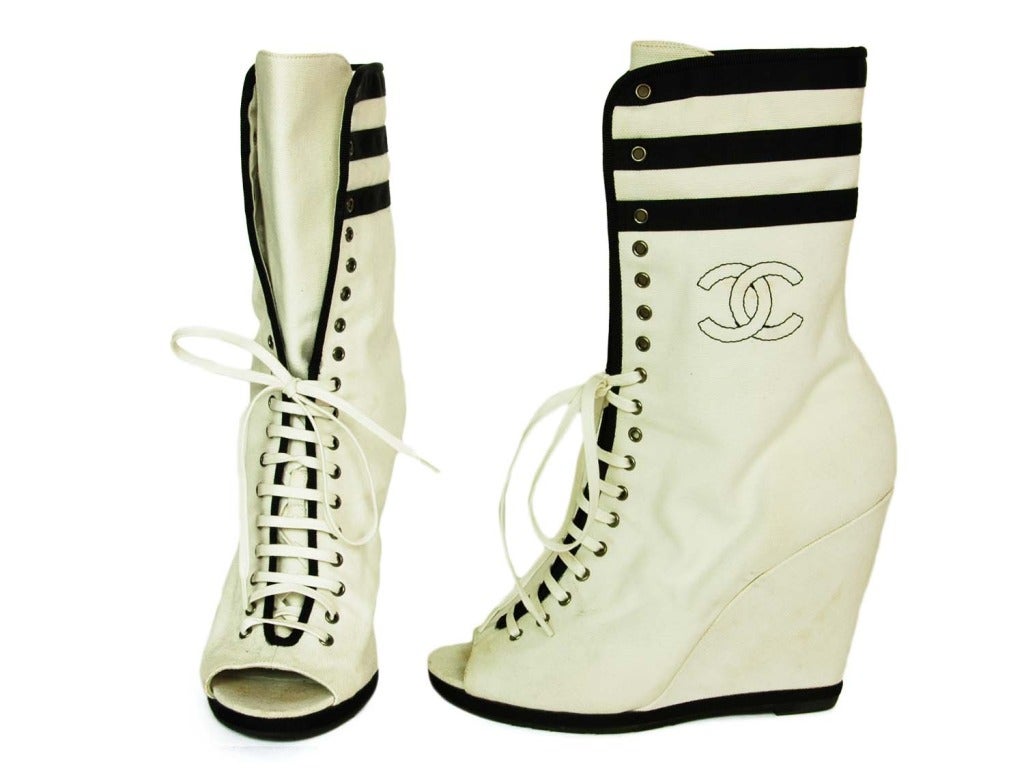 CHANEL White and Navy Peep-Toe Logo Canvas Platform Sneakers/ Shoe Boots Sz. 40 at 1stdibs