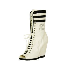 CHANEL White & Navy Peep-Toe Logo Canvas Platform Sneakers/ Shoe Boots  Sz. 40