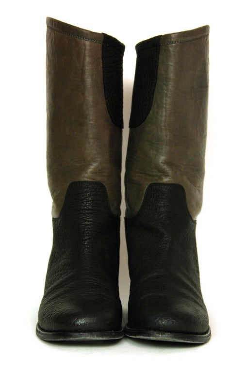 CHANEL Black & Grey Leather Round Toe Boots Sz. 41