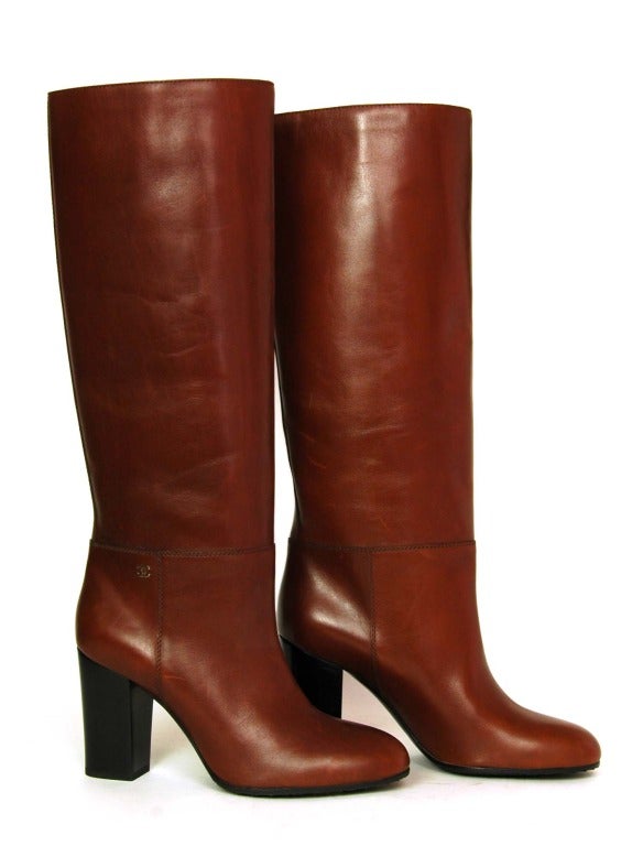 CHANEL Brown Leather Tall Boot W. Stacked Heel Sz. 39.5 In Excellent Condition In New York, NY