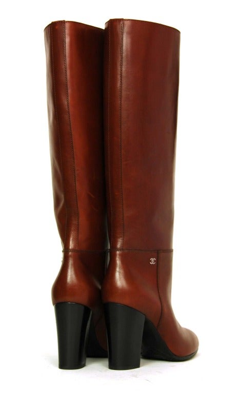 Women's CHANEL Brown Leather Tall Boot W. Stacked Heel Sz. 39.5