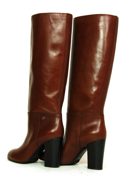 CHANEL Brown Leather Tall Boot W. Stacked Heel Sz. 39.5 1