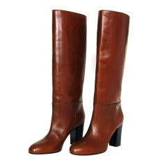 CHANEL Brown Leather Tall Boot W. Stacked Heel Sz. 39.5