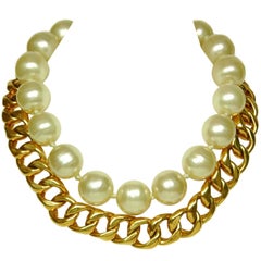 CHANEL Gold Link & Pearl Two Strand Choker Necklace 1993