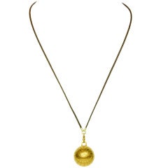 HERMES Gold Globe Necklace With Stars On Brown Leather Chain
