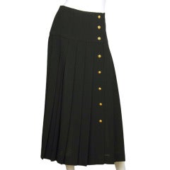 CHANEL Navy Blue 3/4 Length Pleated Skirt W. Gold Logo Buttons