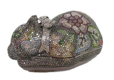 JUDITH LEIBER Floral Swarovski Crystal Sleeping Cat Minaudiere Evening Clutch In Excellent Condition In New York, NY