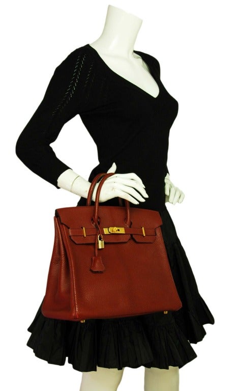 HERMES Chevre Leather Rouge H 32cm HAC Birkin Bag W. Gold Hardware 2002 6