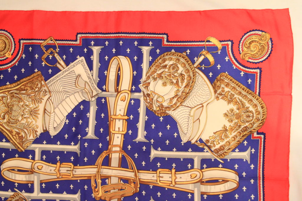 HERMES BLUE/RED/WHITE SELLES A HOUSSE SILK SCARF