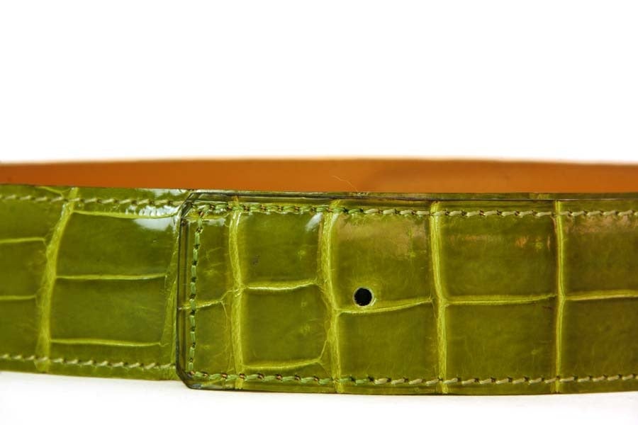 HERMES Brushed Gold H Buckle W. Pink & Green Porosus Crocodile Belts Sz. 80 4