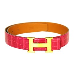 HERMES Brushed Gold H Buckle W. Pink & Green Porosus Crocodile Belts Sz. 80