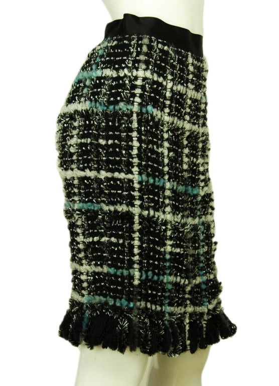 CHANEL Black, White, Blue & Grey Tweed Skirt W. Fringe Hem Sz. 38 In Excellent Condition In New York, NY