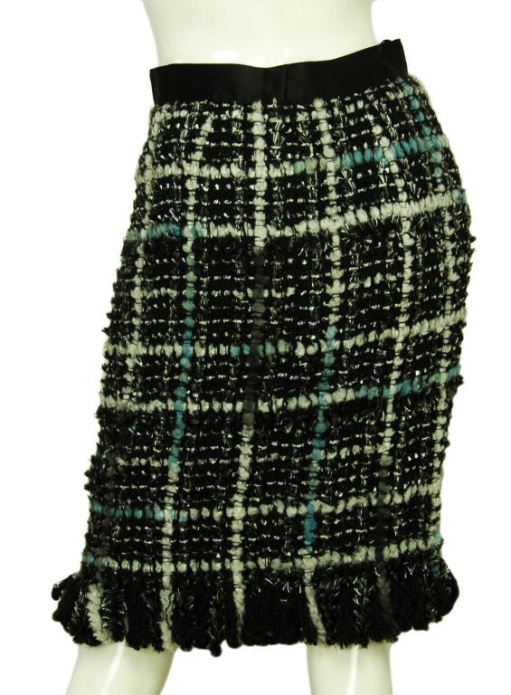 Women's CHANEL Black, White, Blue & Grey Tweed Skirt W. Fringe Hem Sz. 38