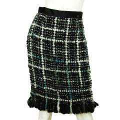 CHANEL Black, White, Blue & Grey Tweed Skirt W. Fringe Hem Sz. 38