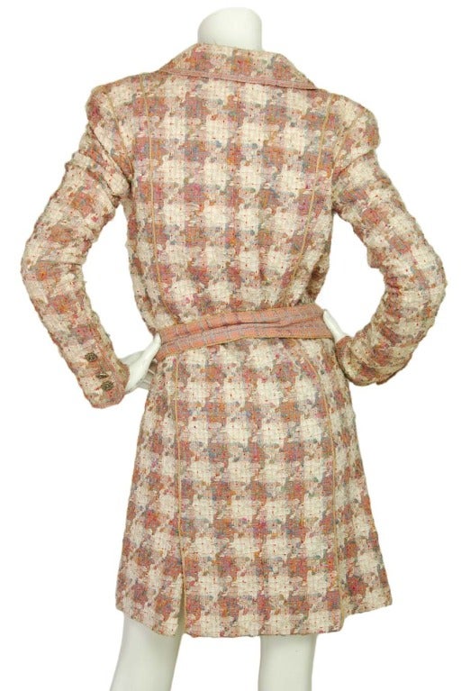 CHANEL Pink Tweed Coat W. Camellia Pin & Belt Sz. 38 c. 2004 In Excellent Condition In New York, NY