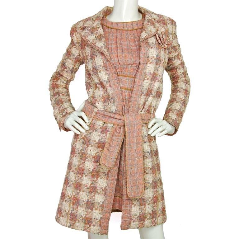 CHANEL Pink Tweed Coat W. Camellia Pin and Belt Sz. 38 c. 2004 at 1stDibs
