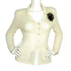 CHANEL Ivory Crochet Collared Cardigan W. Camellia Pins Sz. 38 c. 2003