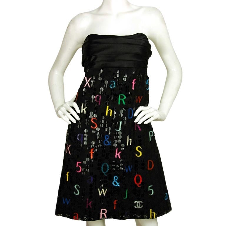 CHANEL Strapless Black Sequin Alphabet Dress W. Silk Bust Sz. 38 c. 01