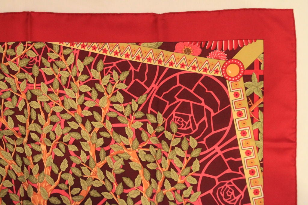 HERMES BURGUNDY/GREEN AXIS MUNDI SILK SCARF