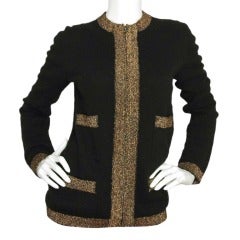 CHANEL Black Cashmere Zippered Cardigan W. Gold Thread Trim Sz. 40 c. 2004