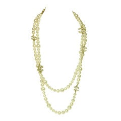 CHANEL Double Strand Pearl Necklace With Crystal CC Charms c. 2010