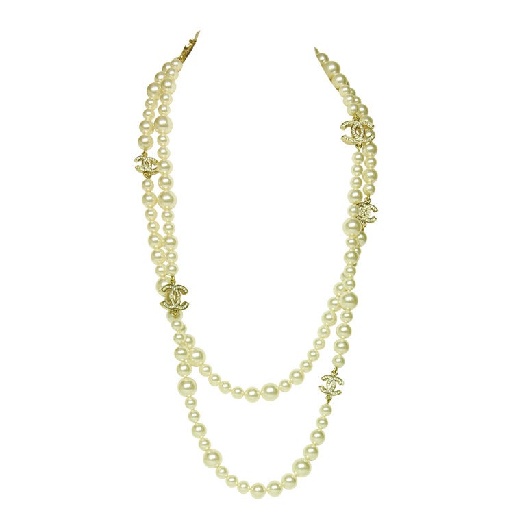 CHANEL Double Strand Pearl Necklace With Crystal CC Charms c. 2010