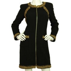 CHANEL Black Wool Zip Front Coat/Dress W. Gold Thread Trim Sz. 38