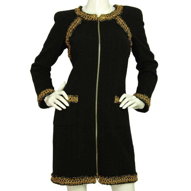 CHANEL Black Wool Zip Front Coat/Dress W. Gold Thread Trim Sz. 38 at