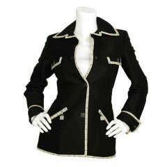 CHANEL Black Ribbed Cotton Jacket with White CC Logo Trim sz.38