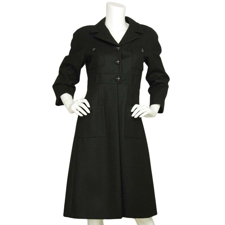 CHANEL Black Wool 3/4 Sleeve Coat W. Cross Buttons Sz. 40 c. 2007