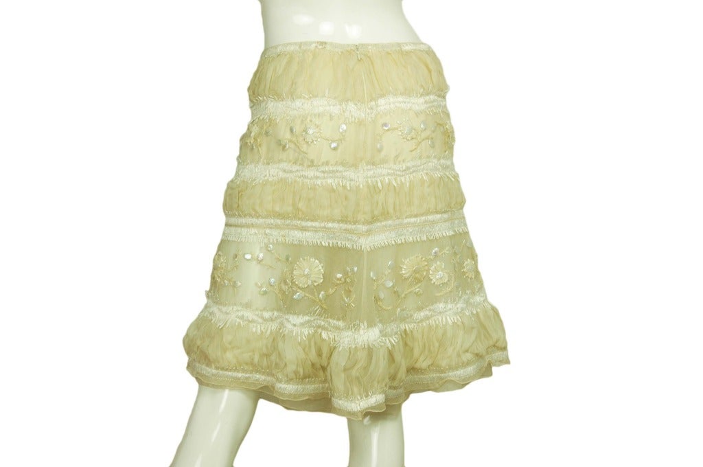 CHANEL '01 Cream Hand Beaded Embroidered Floral Tiered Skirt Sz.38 RT. $20, 000 In Good Condition In New York, NY