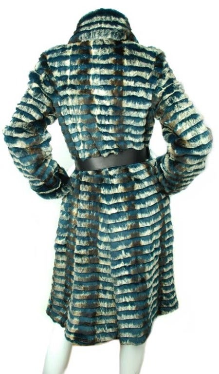 Burberry Teal/Beige Sheared Rabbit Fur Swing Coat with Belt - sz.44 In Excellent Condition In New York, NY