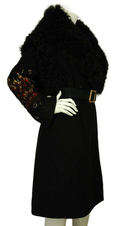 CHANEL RUNWAY Black Cashmere & Persian Lamb Coat W. Red/Gold Detailing Sz. 40 c. 2009
Age: 2009
Made in France
Materials: 100% cashmere, lining 100% silk, fur is 100% lamb, sleeves are 92% 4% rayon 2% nylon, 1% cotton, 1% metallized
