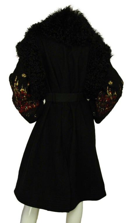 CHANEL Black Cashmere & Persian Lamb Coat W. Red/Gold Detailing Sz. 40 c. 2009 In Excellent Condition In New York, NY