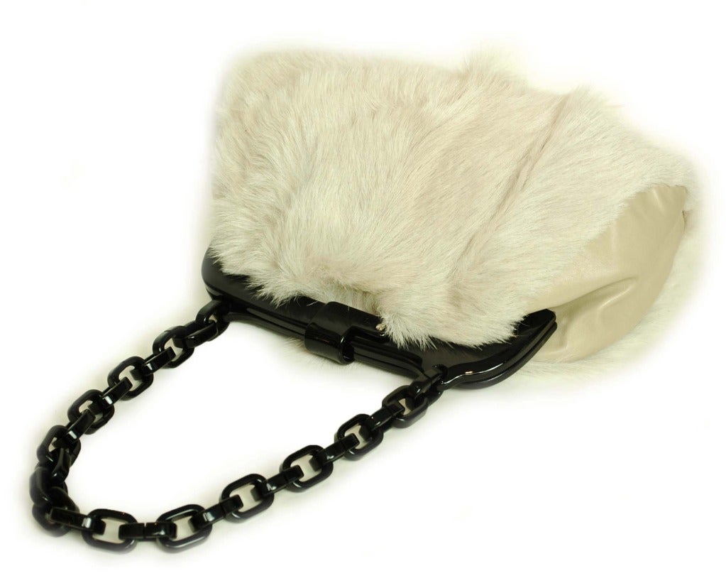 Chanel Ivory/Black Fur Shoulder Bag With Resin Frame and Chain In Good Condition In New York, NY