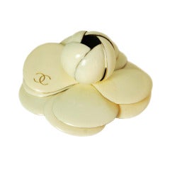 CHANEL Ivory Enamel Camelia Flower Brooch Pin With CC