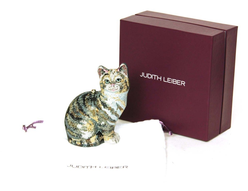 Judith Leiber $3, 695 Crystal Cat Minaudiere Clutch Bag w. Chain New in Box 3