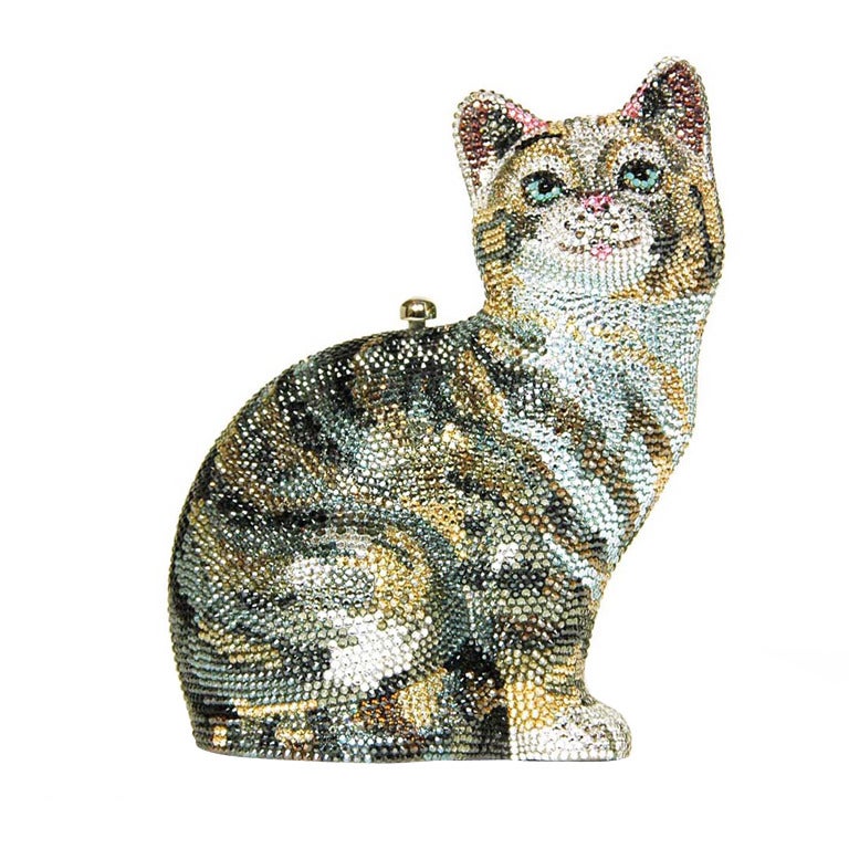 Judith Leiber $3, 695 Crystal Cat Minaudiere Clutch Bag w. Chain New in Box