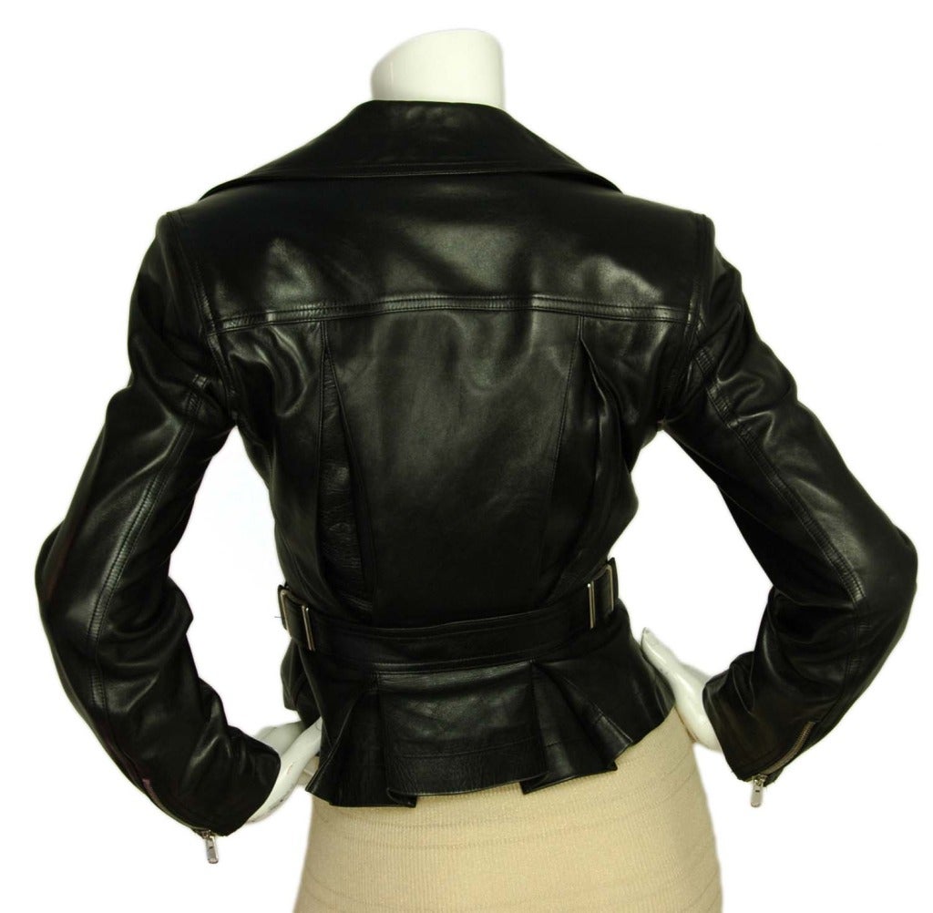 ALAIA Cropped Black Leather Asymmetrical Zip Motorcycle Jacket Sz. 38 In Excellent Condition In New York, NY