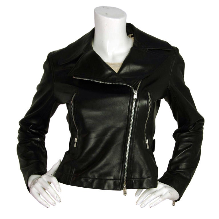 ALAIA Cropped Black Leather Asymmetrical Zip Motorcycle Jacket Sz. 38